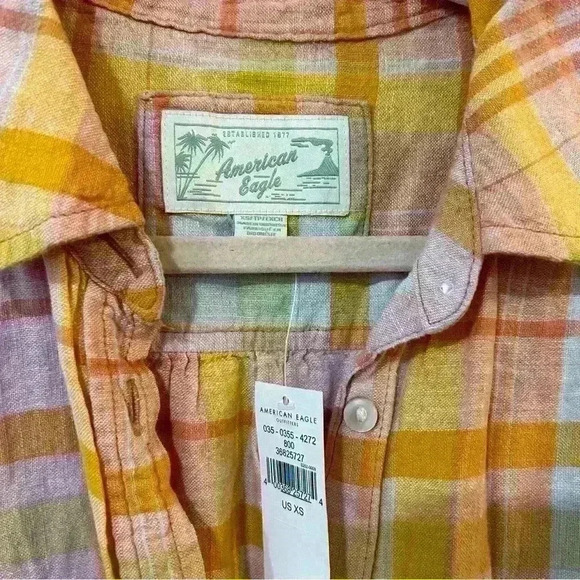 NWT American Eagle Plaid Short Sleeve Pink Orange Button Down Shirt Size X-Small - Picture 6 of 7